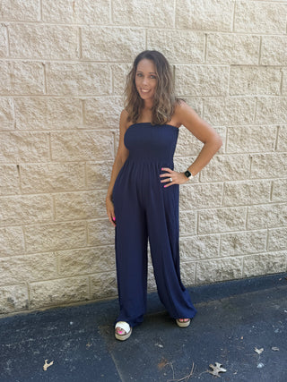 Navy Smocked Strapless Wide-Leg Jumpsuit