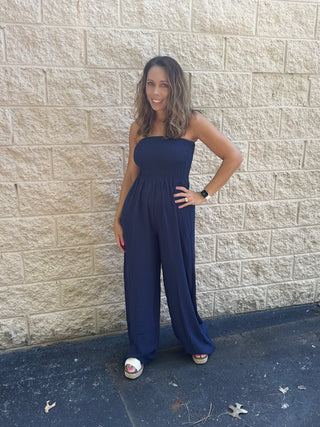Navy Smocked Strapless Wide-Leg Jumpsuit