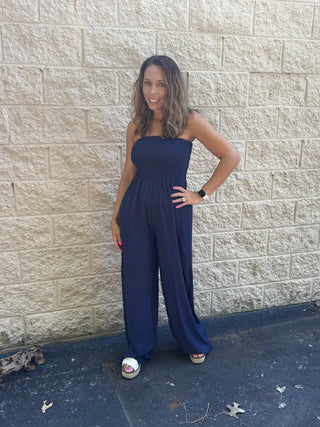 Navy Smocked Strapless Wide-Leg Jumpsuit