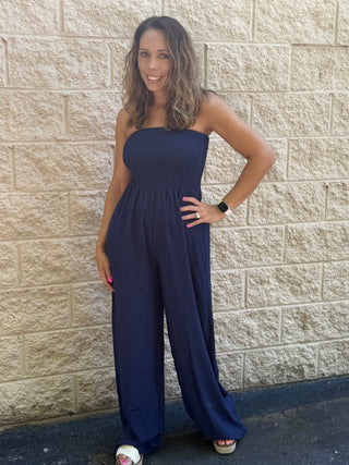 Navy Smocked Strapless Wide-Leg Jumpsuit