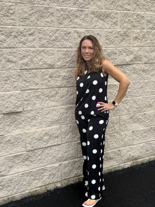 Polka Dot Pleated Tank & Flowy Wide-Leg Pants Two-Piece Set
