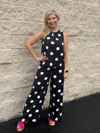 Polka Dot Pleated Tank & Flowy Wide-Leg Pants Two-Piece Set