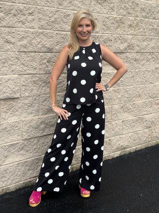 Polka Dot Pleated Tank & Flowy Wide-Leg Pants Two-Piece Set