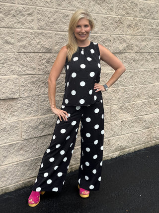Polka Dot Pleated Tank & Flowy Wide-Leg Pants Two-Piece Set