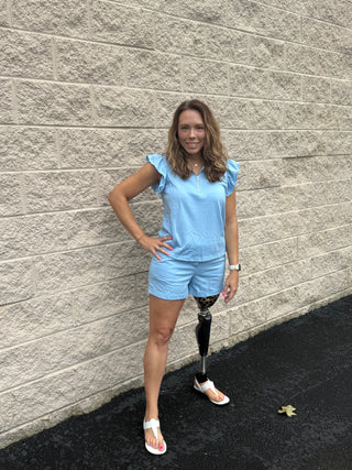 Sky Blue Flutter Sleeve Half-Zip Lounge Set