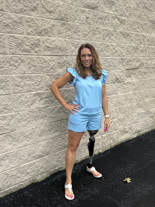 Sky Blue Flutter Sleeve Half-Zip Lounge Set