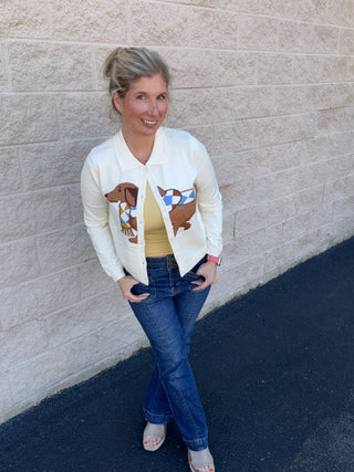 Dachshund Graphic Collared Cardigan Sweater, Cream