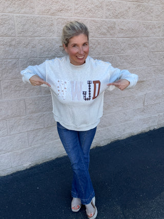 WWJD Patchwork Embroidered Mock Neck Sweatshirt in Heather Gray