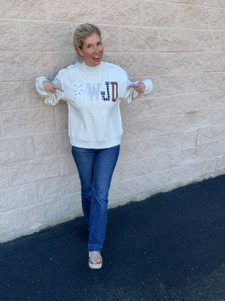 WWJD Patchwork Embroidered Mock Neck Sweatshirt in Heather Gray