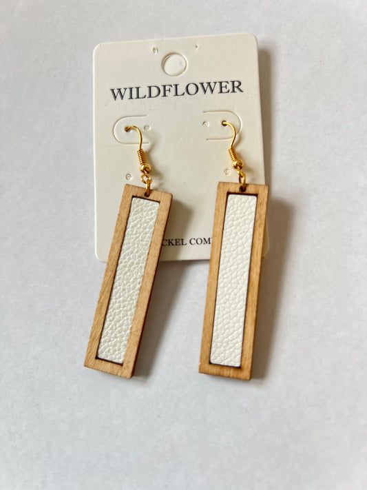 Wood & White Leather Bar Earrings - Effortlessly Chic and Lightweight