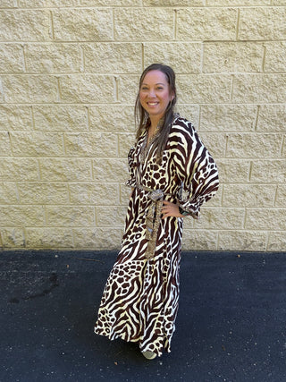 Mixed Animal Print Tie Waist Maxi Dress