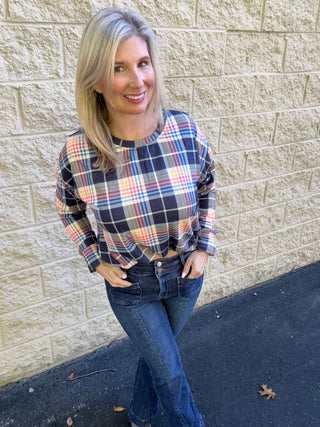 Plaid Pullover Top, Bubble Hem