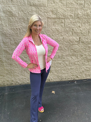 Lulu B Signature Geometric Zip Jacket – Pink & Kelly Green