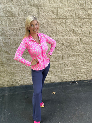 Lulu B Signature Geometric Zip Jacket – Pink & Kelly Green