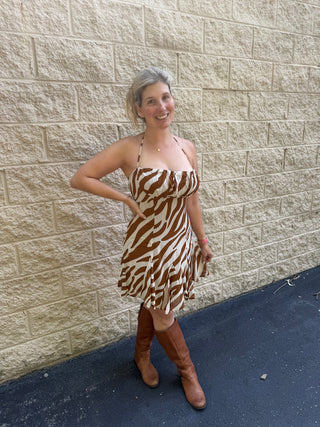 Zebra Ruched Halter Mini Dress