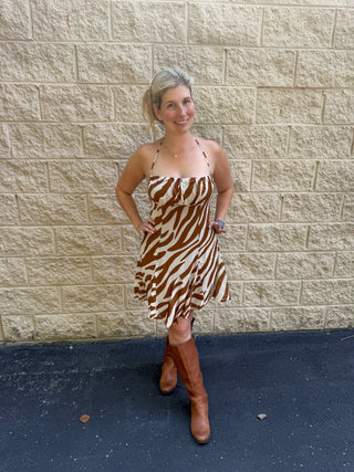 Zebra Ruched Halter Mini Dress
