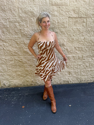 Zebra Ruched Halter Mini Dress