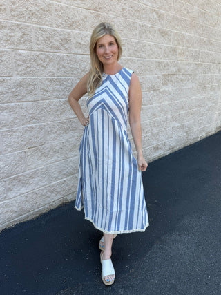 Coastal Striped Linen-Blend Sleeveless Midi Dress