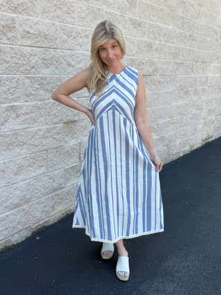 Coastal Striped Linen-Blend Sleeveless Midi Dress