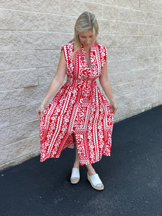 Umgee Floral Button-Up Smocked Midi Dress