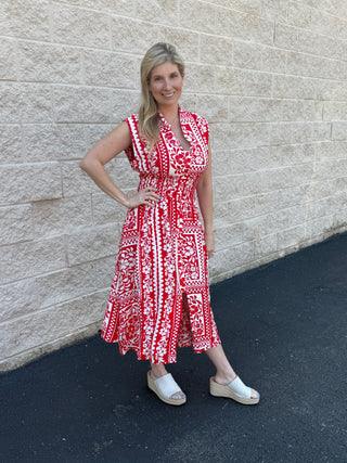 Umgee Floral Button-Up Smocked Midi Dress