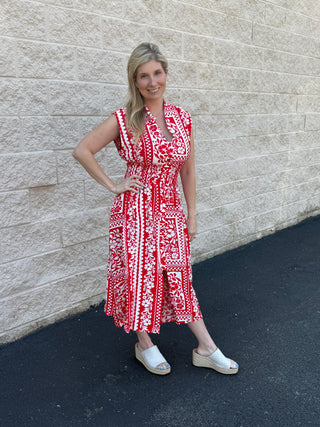 Umgee Floral Button-Up Smocked Midi Dress
