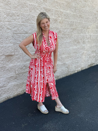 Umgee Floral Button-Up Smocked Midi Dress
