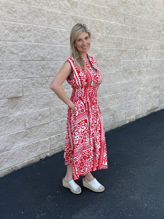 Umgee Floral Button-Up Smocked Midi Dress