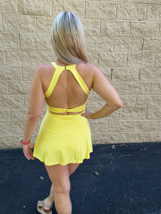 Sunkissed Yellow Backless Active Mini Dress with Built-in Shorts