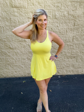 Sunkissed Yellow Backless Active Mini Dress with Built-in Shorts