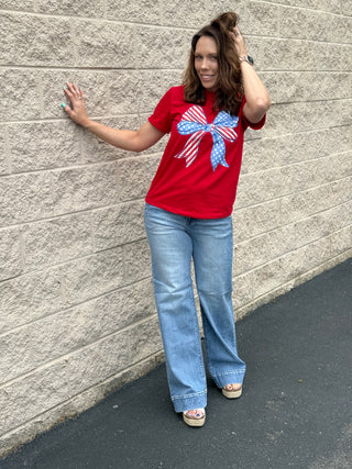 Patriotic American Flag Bow Graphic T-Shirt – Festive Red