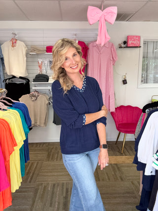 Navy Polka Dot Ribbed V-Neck Top with Back Bow Detail
