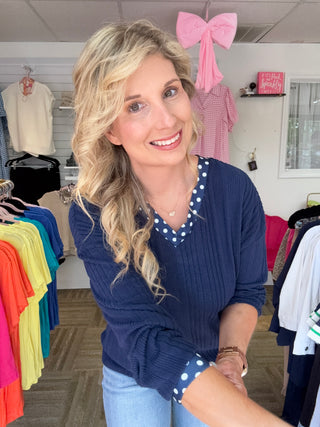 Navy Polka Dot Ribbed V-Neck Top with Back Bow Detail