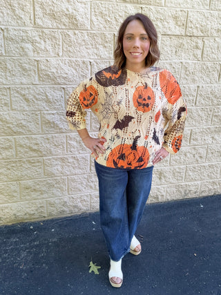 Vintage Halloween Pumpkin & Bat Oversized Knit Sweater