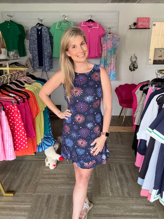Lulu B UPF 50+ Fireworks Print Sleeveless Ruffle Dress