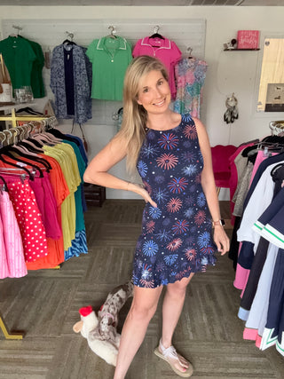 Lulu B UPF 50+ Fireworks Print Sleeveless Ruffle Dress