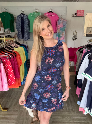 Lulu B UPF 50+ Fireworks Print Sleeveless Ruffle Dress