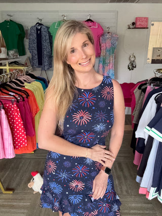 Lulu B UPF 50+ Fireworks Print Sleeveless Ruffle Dress