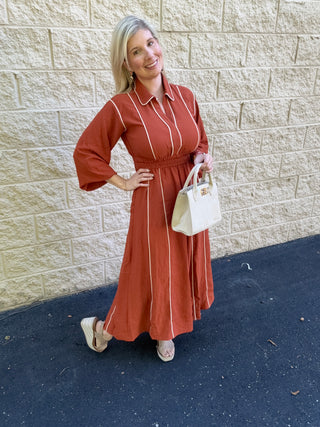 Terra Cotta Piped Midi Dress