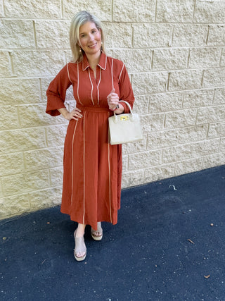 Terra Cotta Piped Midi Dress