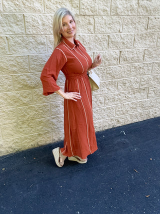 Terra Cotta Piped Midi Dress