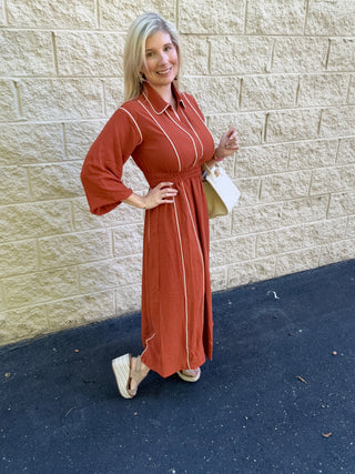 Terra Cotta Piped Midi Dress