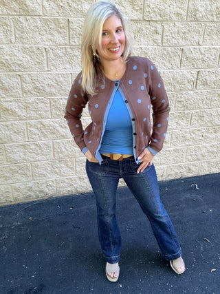 Mocha & Blue Polka Dot Contrast Trim Cardigan