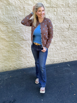 Mocha & Blue Polka Dot Contrast Trim Cardigan