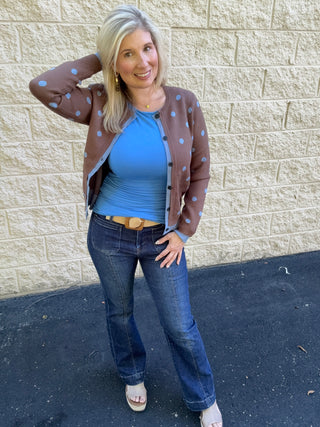 Mocha & Blue Polka Dot Contrast Trim Cardigan