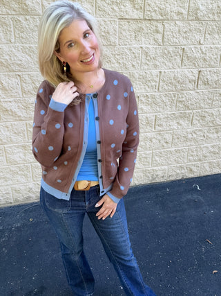 Mocha & Blue Polka Dot Contrast Trim Cardigan