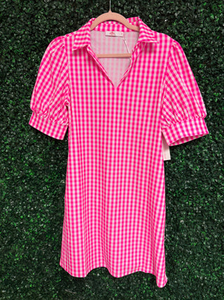 Caroline Hot Pink Gingham Bubble Sleeve Dress – UPF 50+ Sun Protection