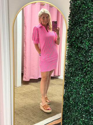 hot pink checkered dress Girls' Hot Pink Gingham 3/4 Sleeve Pocket Twirl Dress Size: 7/8 By Mila & Rose