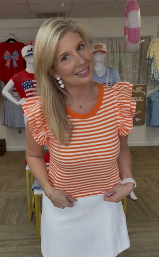 Game Day Glam: Orange Striped Ruffle Sleeve Knit Top
