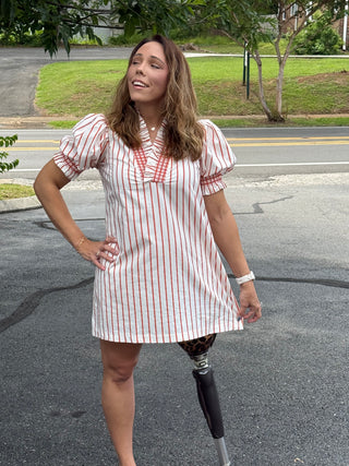 Orange & White Striped Smocked Puff Sleeve Dress